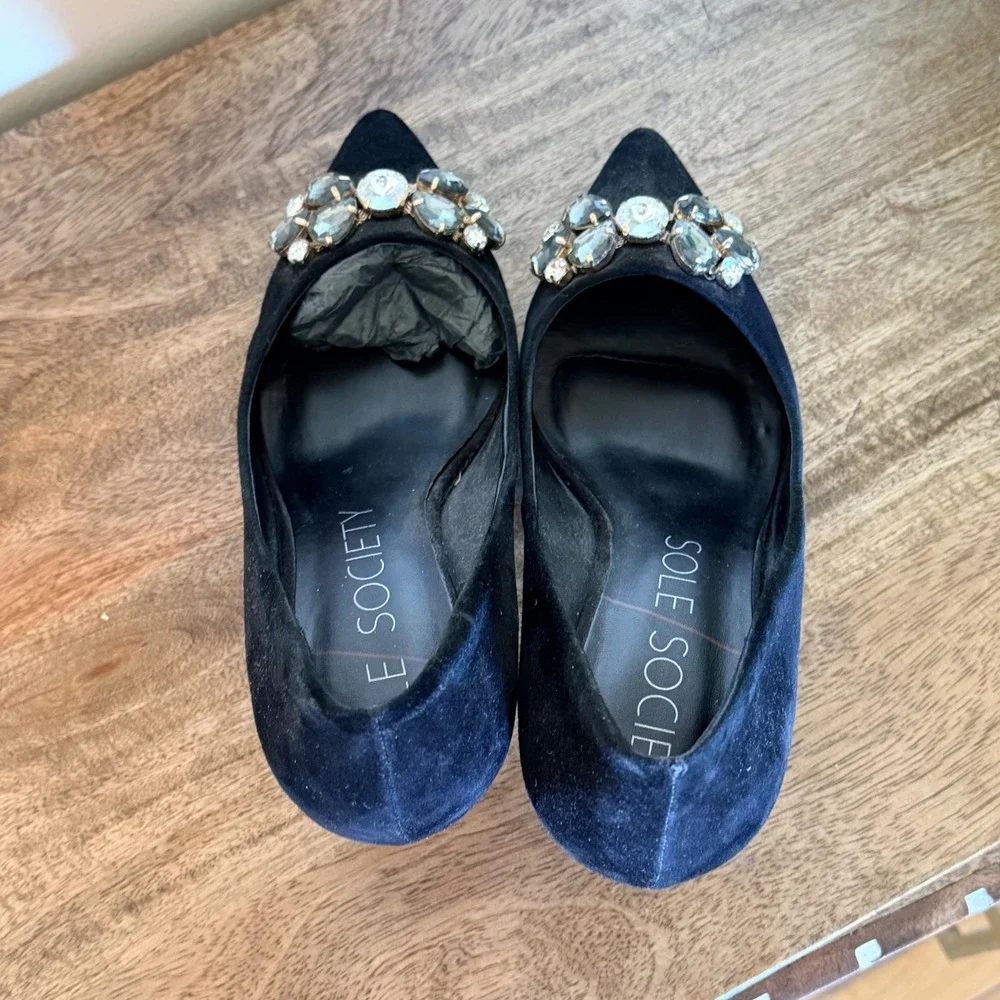 Sole Society Pump Womens 8 Black Crystal‎ Embellished Suede Pointed Toe Stiletto
